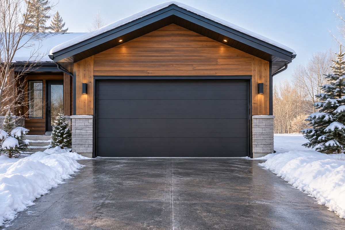 Porte de garage anthracite avec seuil dégagé et bancs de neige de chaque côté.