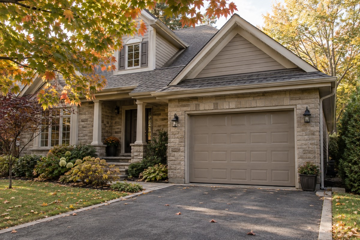 Porte de garage taupe sur une maison en pierre entourée d’arbres en automne.